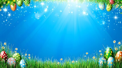 Pastel blue background with colorful eggs on green grass and small flowers under sunlight