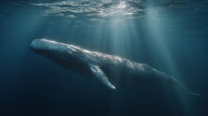 Fototapeta premium hyperrealistic overhead shot of a massive sperm whale gliding through deep sapphire ocean waters, sunlight forming long rays around its silhouette