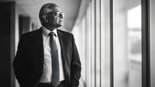 A man in a suit and tie standing with hands behind his back, looking to the side with thoughtful expression.