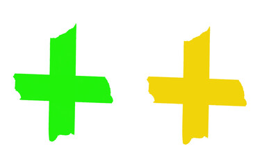 Obraz premium Green and yellow hand drawn brush stroke plus signs on a white background isolated on transparent background