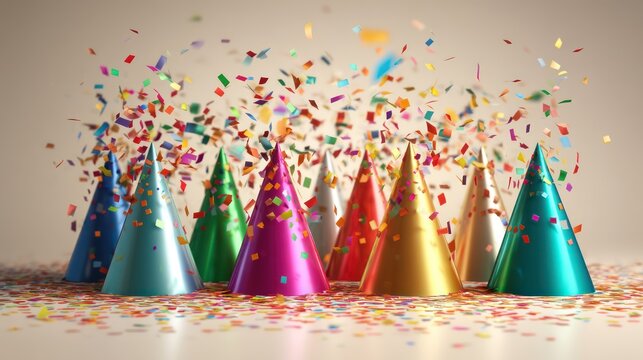 A row of metallic party hats aligned in triangular formation rainbow confetti bursting dynamically upward. Subject isolated against