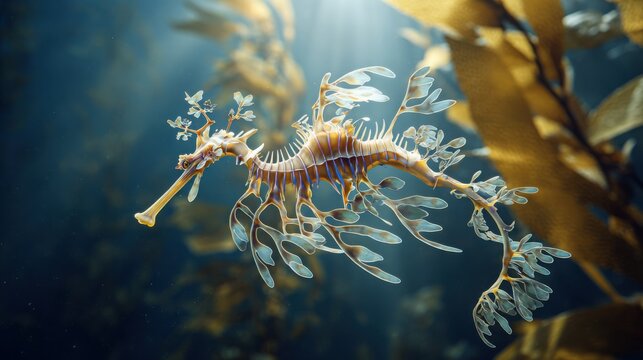 hyperrealistic shot of a leafy seadragon drifting gracefully near golden kelp forest, delicate leaf like fins glowing in sunlight, elegant surreal