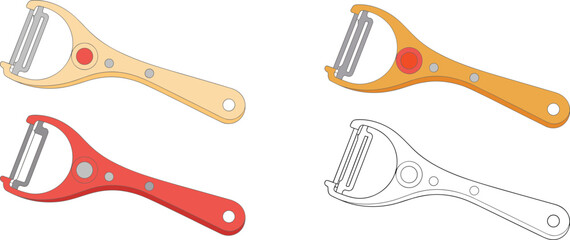 Pet grooming scraper illustration, deshedding tool vector set, colored and outline versions, ergonomic handle design, fur remover brush for animals