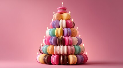 A tower of macarons arranged into a colorful birthday tree topped with glowing candles. Clean gradient backdrop enhances