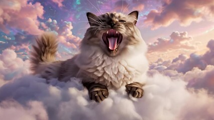 Yawning fluffy cat resting peacefully on soft pastel clouds under dreamy colorful sky with gentle light, serene expression, and peaceful animal pet fantasy atmosphere - Powered by Adobe