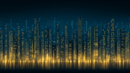 Futuristic metropolis skyline with illuminated building windows representing data streams in a smart city network