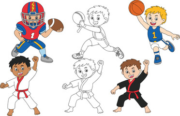Cartoon kids playing sports and martial arts, football player, basketball shooter, karate boys, colored and outline character illustrations for education and design