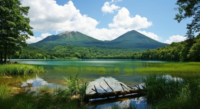 Serene mountain lake reflecting sky and clouds, surrounded by lush green forest and distant peaks, with a fallen log in clear tranquil water.