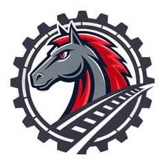 Locomotive Horse Mascot Logo | Steel and Red Flat Vector Esport Badge with Symmetrical Head

