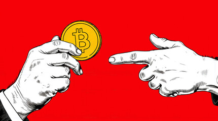 Financial threat and cryptocurrency security risk. Bitcoin coin being taken away by coercion.