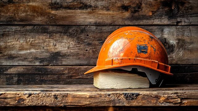 An orange, worn safety helmet sits on wood, against a weathered wooden backdrop, hinting at construction