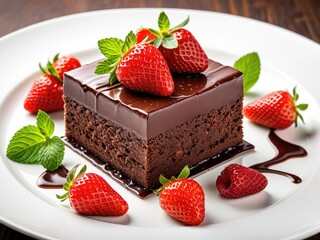Decadent Chocolate Brownie with Fresh Strawberries & Mint - Gourmet Dessert Photography for Food Blogs & Menus