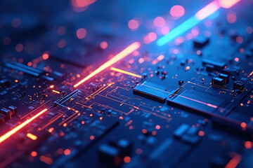 Futuristic abstract technology background with glowing lines. Blurry motion of electric data highway.