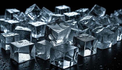 Crystal Clear Ice Cubes Pile - Refreshing Coldness, Dramatic Lighting, Perfect for Beverages & Summer Concepts