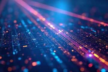 Futuristic abstract technology background with glowing lines. Blurry motion of electric data highway.