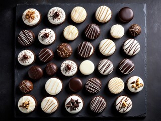Delicious Assortment of Gourmet Chocolates and Pastries on a Slate Board