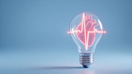 transparent lightbulb on soft light blue background, inside a vivid red ECG heart rhythm glowing like hologram, clean modern medical concept, crisp