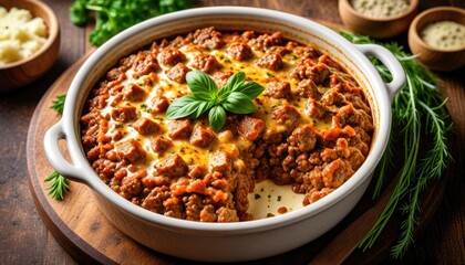 Delicious Baked Pasta Dish: Rich Meat Sauce & Creamy Cheese, Perfect Comfort Food Photography