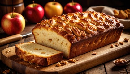 Delicious Apple Bread with Pecans: A Rustic Autumn Treat - Freshly Baked Loaf on Wooden Board, Perfect for Fall Baking & Dessert