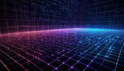 Cyberpunk Grid Landscape: Futuristic Neon Network with Vibrant Blue and Pink Hues - Digital Art Background