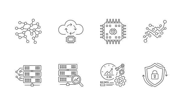 Modern outline icons representing digital network, cloud computing, big data analysis, cybersecurity and artificial intelligence technology solutions