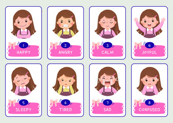 Set of eight flashcards illustrating different emotions and states of being for children, each with a number and label.