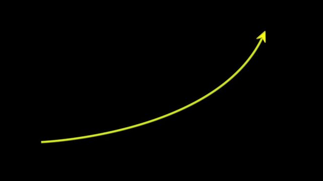 Glowing upward arrow curve symbolizing accelerating growth, rising performance, financial progress, success metrics, and futuristic business development on black background.
