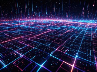 Cyberpunk Gridscape: Neon Digital Landscape, Futuristic Cityscape, Abstract Vector Art, Glowing Network, Sci-Fi Background