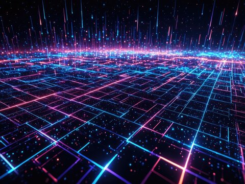 Cyberpunk Gridscape: Neon Digital Landscape, Futuristic Cityscape, Abstract Vector Art, Glowing Network, Sci-Fi Background - Powered by Adobe