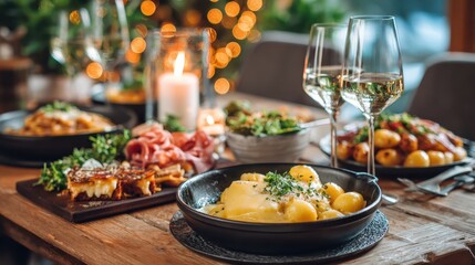 Raclette dinner with melted cheese, potatoes, and wine
