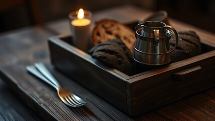 trencher. A wooden trencher with dark bread and a tin cup, cutlery reflecting warm light. menu design, packaging mockups, designed for culinary blogs and recipe cards for restaurants.
