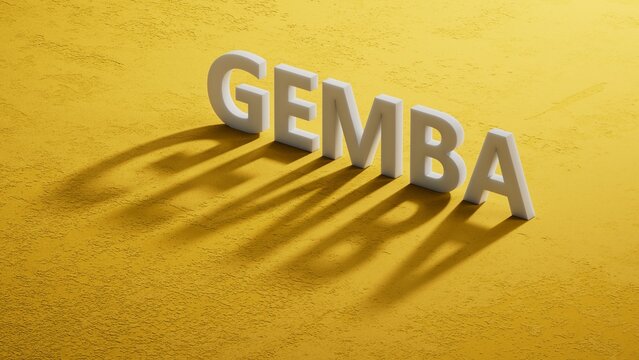 Word gemba. Wooden small shadow of 3d charcaters with letters with copy space available.close up of shadow of 3d charcaters,Business Concept.3D rendering.