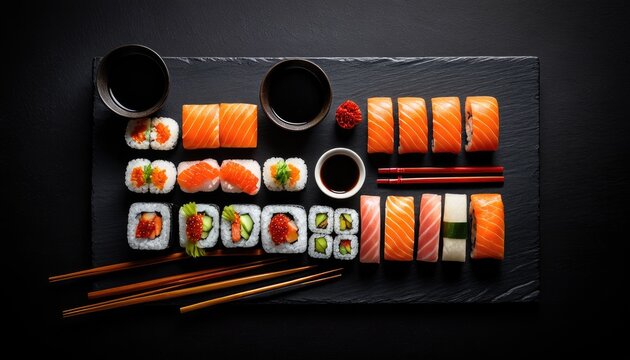 Delicious Sushi Platter: Variety of Rolls, Nigiri & Sashimi with Soy Sauce - Japanese Cuisine Food Photography
