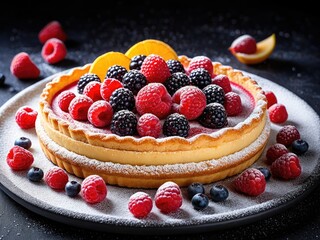 Delicious Berry Tart: A Close-Up of a Creamy Cheesecake Tart Topped with Fresh Berries and Citrus