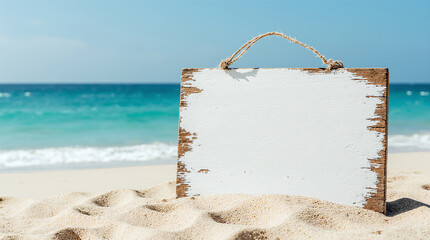 Blank Rustic White Wooden Sign on Sandy Beach with Turquoise Ocean and Blue Sky.