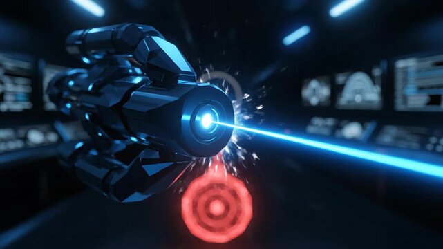 Futuristic weapon with blue laser beam in spaceship environment.