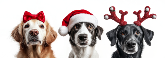 three dogs wearing  reindeer antlers and a santa's cap on its nose against a transparent background,