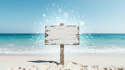 Summer Message or Destination Concept with Empty Signboard on a Clear Beach.