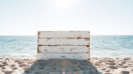 Empty Horizontal Wooden Plank Sign on Textured Sand by the Sea.