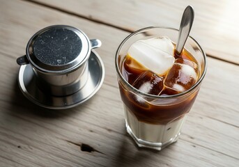 Vietnamese Iced Coffee with Phin Filter on Rustic Wooden Table