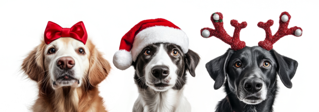 three dogs wearing  reindeer antlers and a santa's cap on its nose against a transparent background,