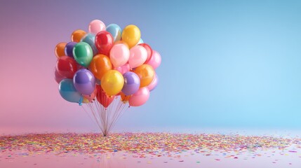 Colorful cluster of helium balloons hovering above reflective surface rainbow confetti scattered evenly below gradient background transitioning from