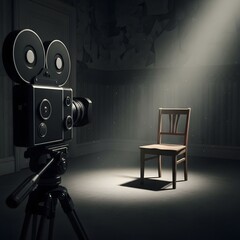 A vintage film camera positioned in front of an empty wooden chair in a dimly lit room with a spotlight shining on the chair, creating a dramatic and cinematic atmosphere