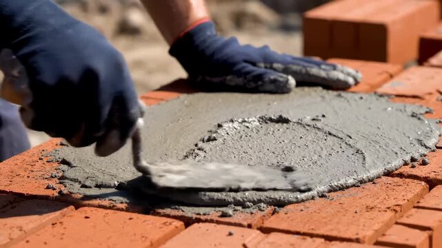 A close-up shot of a construction worker wearing gloves spreading wet grey mortar onto a row of red bricks using a metal trowel on a bright outdoor site.