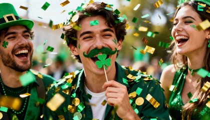 Three young adults celebrate St. Patrick's Day. A man with dark hair and a green mustache holds a shamrock. Two women wear green outfits and smile joyfully.