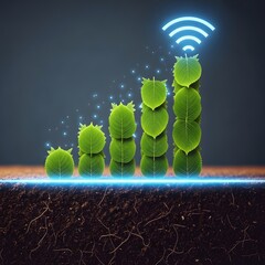 Conceptual illustration of plant growth with digital connectivity symbols representing technology integration and innovation in nature