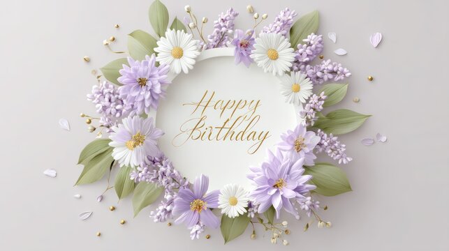 Delicate circular birthday frame intertwined lilacs daisies and shimmering leaves. Elegant script shines within. Crisp perfect exposure accurate