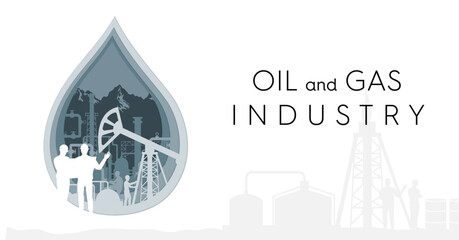 Oil and gas industry background. Petrochemical factory, oil field and pipelines with workers and engineers. Paper art craft vector.  Layered parallax illustration