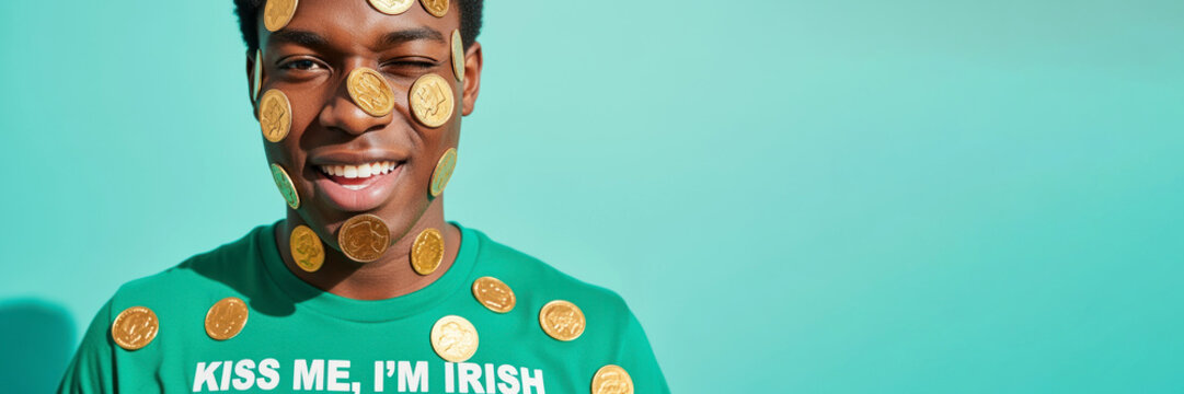 A young Black man smiles while wearing a green shirt with the phrase 'Kiss Me, I'm Irish.' Gold coins are scattered on his face, celebrating St. Patrick's Day. - Powered by Adobe