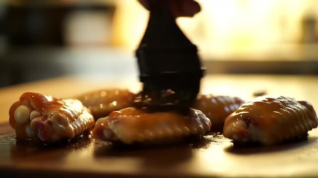 Cinematic close-up of delicious chicken wings being glazed with a savory sauce on a wooden surface, highlighting their appetizing texture and shine, perfect for food blogs and culinary content